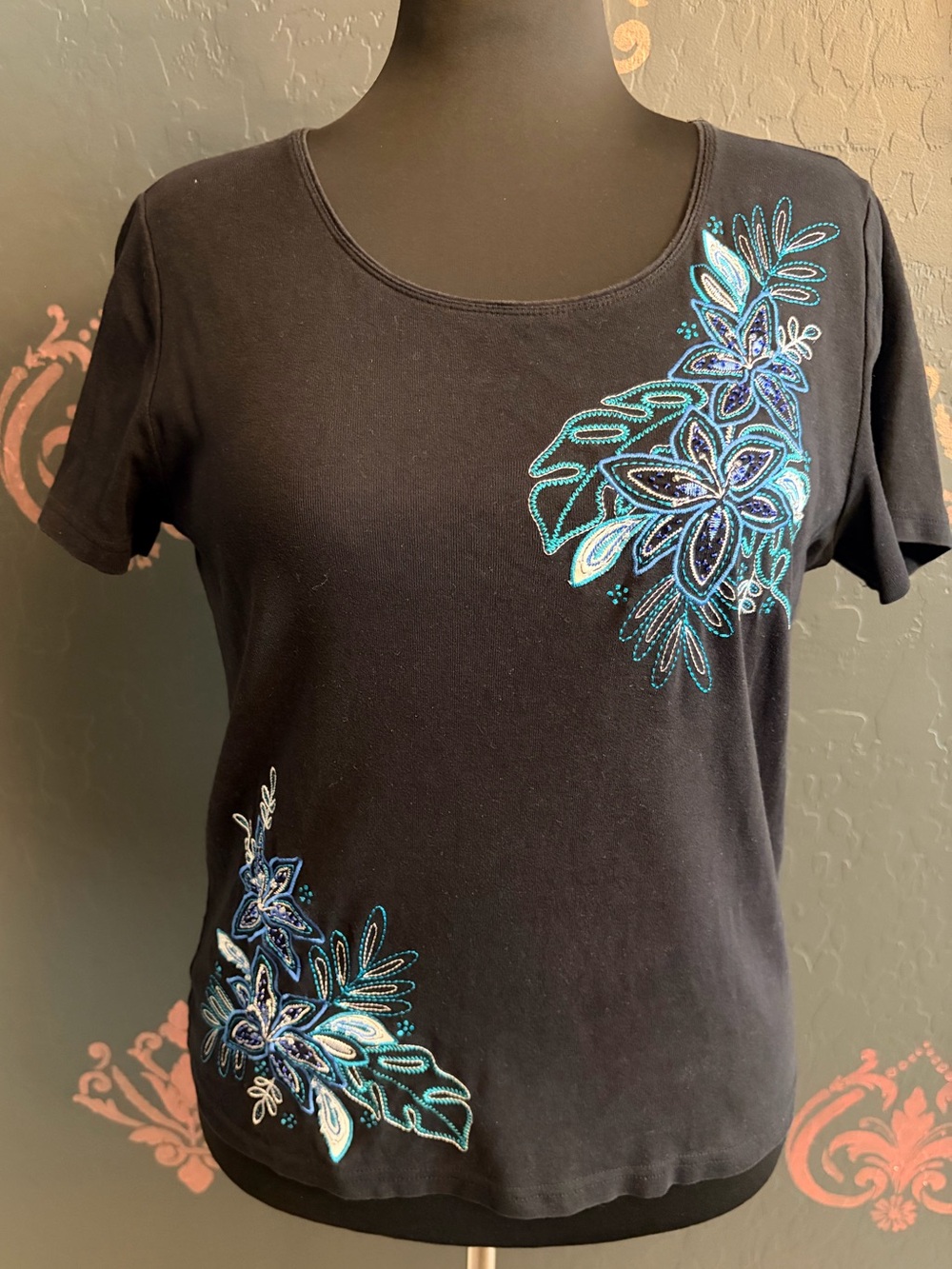 Karen Scott Black Short-Sleeve Tee with Blue & Teal Floral Embroidery